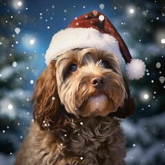 AI generated illustration of a cockapoo in a Santa hat