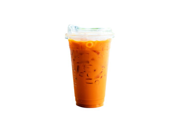 Iced Thai milk Tea in a plastic cup isolated on transparen background, PNG File