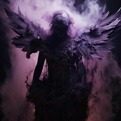 AI generated illustration of a mysterious dark angelic figure in smoke