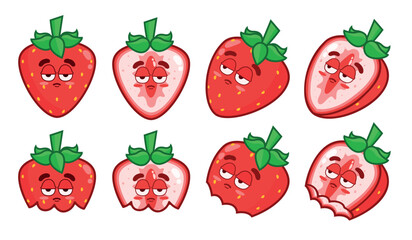 Set of serious strawberries. Animated fruit character. Whole strawberries, halves, and bitten ones.