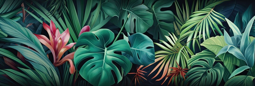 illustration of tropical leaves and floral, generative AI