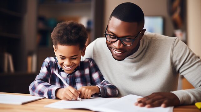 African American father and son do homework together reading book with school curriculum on table in children room. Love in family and helping child complete tasks. Support from parent to boy.