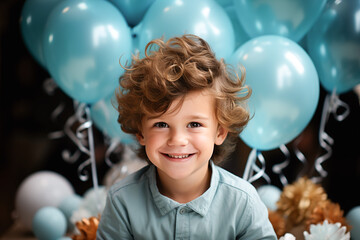 Fototapeta na wymiar Happy young boy with curly hair smiling joyfully at a birthday party, surrounded by light blue balloons and festive decorations. AI Generative