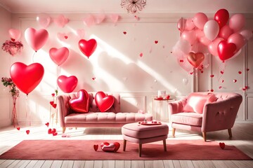 interior of light living room decorated for Valentine's Day with balloons, armchair and table    