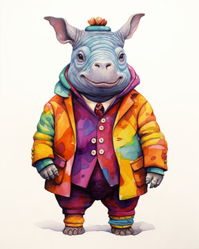 A  rhino chartoon character wearing a colorful outfit