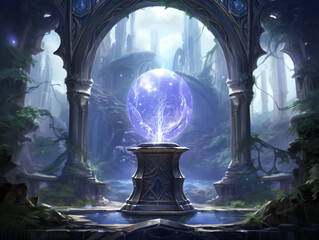 Obraz premium A fantasy scene with a fountain on a ruined temple the middle of a forest