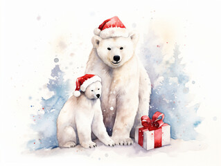 A watercolor painting of a polar bear and her cub wearing santa hats