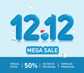 Blue 12.12 3D numbers with white balls hanging and placed around for winter or Christmas decorations for mega sale promotion