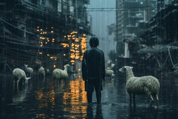 Shepherd in rain with sheep in a dystopian city, AI-generated. - obrazy, fototapety, plakaty