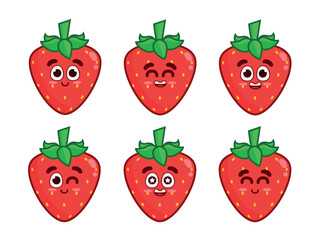 Set of cute happy strawberries. Animated fruit character. Whole strawberries on a white background.