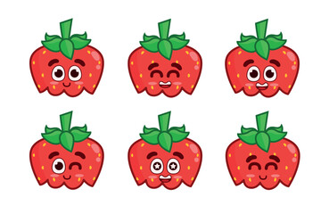 Set of cute bitten happy strawberries. Animated fruit character. Whole and bitten strawberries on a white background.