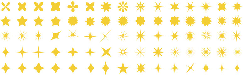 Set of golden sparkles star icons. Star png. Christmas golden star icon. Bright firework .Light gold icon set. Flash,shine sparkle icon,glare,blink star.