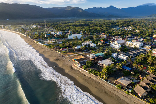 Early morning aerial of Sabang Beach in Baler, Aurora, Philippines.