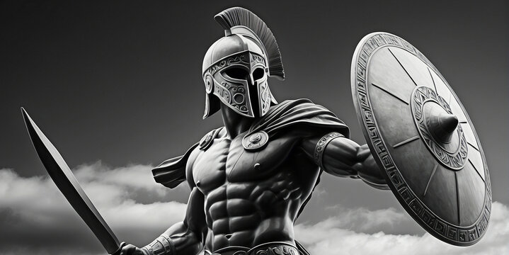 Spartan warrior in armor with shield, antique Greek military soldier. Illustration of an antique spartan warrior in armor with a spear in the forest, an ancient soldier in a helmet.