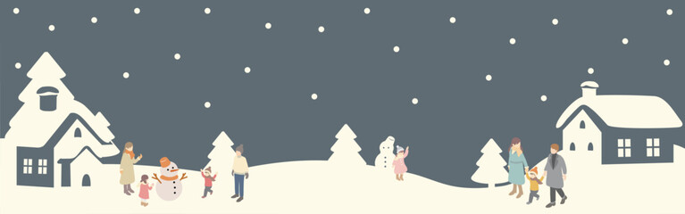 アイソメトリック　冬　バナー　フレーム　人物　街並み　ファミリー　キッズ　背景　イラスト素材