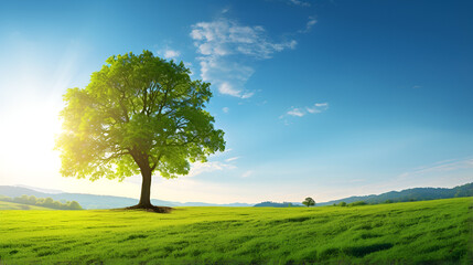 Fototapeta na wymiar Blue Sky and Green Field,Cloudy Green Landscape Wallpaper.A Tree's Serenity in Nature,AI Generative 