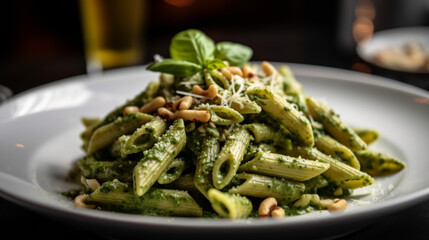 AI-generated illustration of a plate of pesto pasta with crunchy pine nuts and fragrant fresh basil.