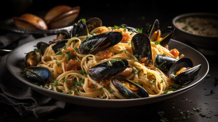 AI-generated illustration of a plate of spaghetti topped with mussels, garnished with parsley.