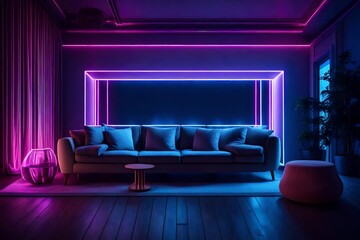 Comfortable sofa with row of soft cushions standing in the center of living room lit with neon light