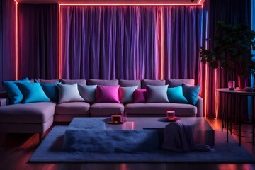 Comfortable sofa with row of soft cushions standing in the center of living room lit with neon light