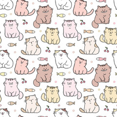 Seamless Pattern of Cute Cartoon Cat Illustration on White Background