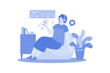 Woman Listening To A Podcast While Sitting On A Beanbag Illustration concept on white background