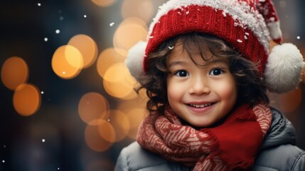 Fototapeta na wymiar Asian little kid wearing christmas hat showing happy face expression