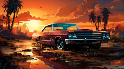"Luxury car illustration, fast car, car illustration at sunset, beautiful sunset."