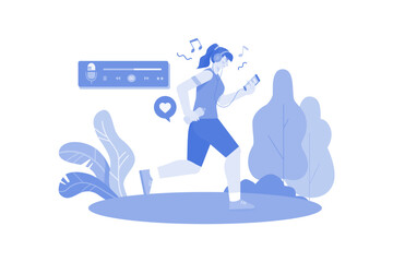 Woman Listening To A Podcast While Jogging Illustration concept on white background