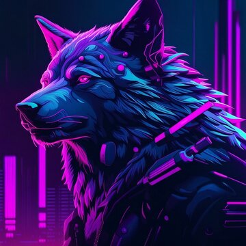AI generated illustration of a neon punk cyber wolf