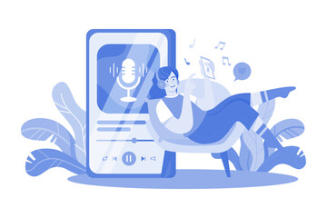 Girl Listening To Podcast Music Illustration concept on white background