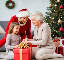 Obraz na płótnie Canvas A cute girl gives a Christmas present to her grandmother.