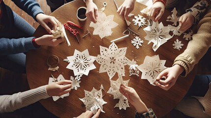 A group of friends making paper snowflakes. - obrazy, fototapety, plakaty