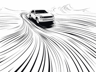 Drawing of Car driving through the road illustration separated, sweeping overdrawn lines.