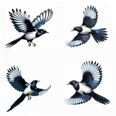 A set of male and female Eurasian magpies flying on a white background