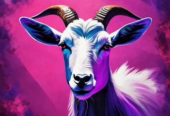 AI generated illustration of a white goat with an illuminated purple background