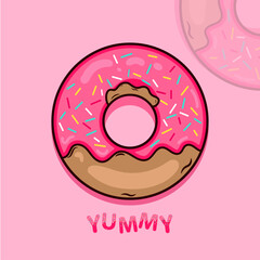Tasty and delicious donut with pink glaze and many colorful sprinkles, top view vector flat illustration with unique typography and pink background.