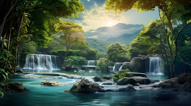 Stunning Deep Forest Waterfall Wonders.,waterfall in the jungle.Amazing wallpaper,AI Generative 