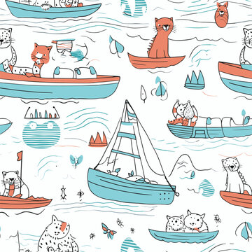 Drawing of Cute animals in boats kids sea pattern design illustration separated, sweeping overdrawn lines.