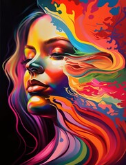 AI generated illustration of the portrait of a woman with multicolored hair