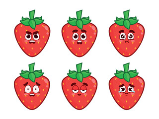 Set of cute whole strawberries with facial expressions. Whole strawberry with angry, amazed, sad, scared, serious, and crying expressions.