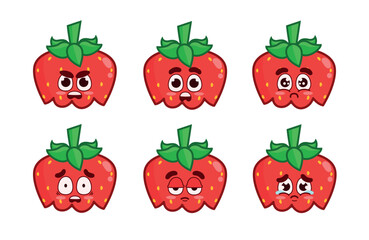 Set of cute bitten strawberries with facial expressions. Whole bitten strawberry with angry, amazed, sad, scared, serious, and crying expressions.