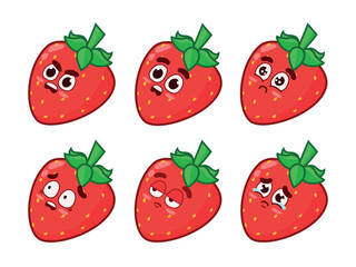 Set of cute whole strawberries with facial expressions. Whole strawberry with angry, surprised, sad, scared, serious, and crying expressions.