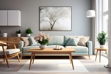 Living room interior with blue sofa, coffee table and plant. 3d render