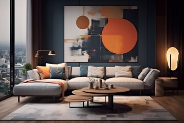Interior of modern living room with grey walls, wooden floor, gray sofa with orange cushions and coffee table. 3d rendering
