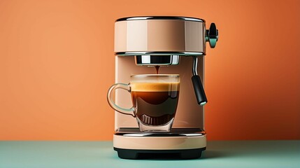 AI generated illustration of a coffee maker atop a table, surrounded by a vibrant orange wall