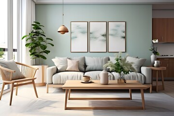 Fototapeta na wymiar Living room interior with blue sofa, coffee table and plant. 3d render