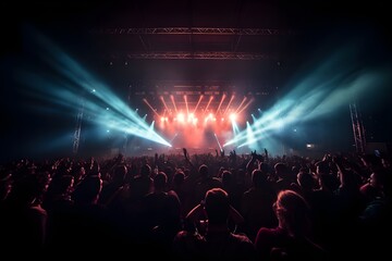 Concert crowd in front of bright stage lights with rays of light