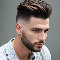 Foto op Plexiglas Man with long top short sides haircut on gray background © micky22