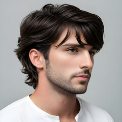 Fototapeta premium Man with side fringe haircut on studio background